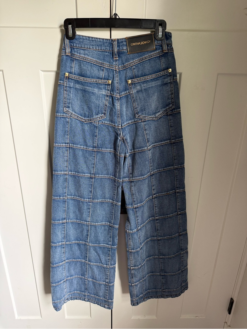 Cynthia Rowley Collection Window Pane Blue Patchwork Wide-Leg Jeans size 25. - Picture 8 of 10